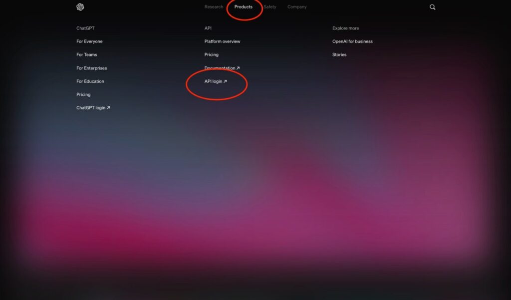 A website with a dark design, on which menu items such as "Research", "Products", "Company" and "Prices" are displayed. Two elements, "Products" and "API registration", are highlighted with red circles. The background has a color gradient from dark blue to pink.