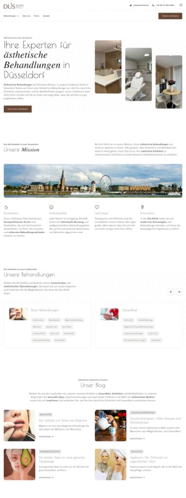 Screenshot of the website of a German medical clinic with information on aesthetic treatments in Düsseldorf, with sections on expertise, a panoramic view of the city, available treatments and a blog.