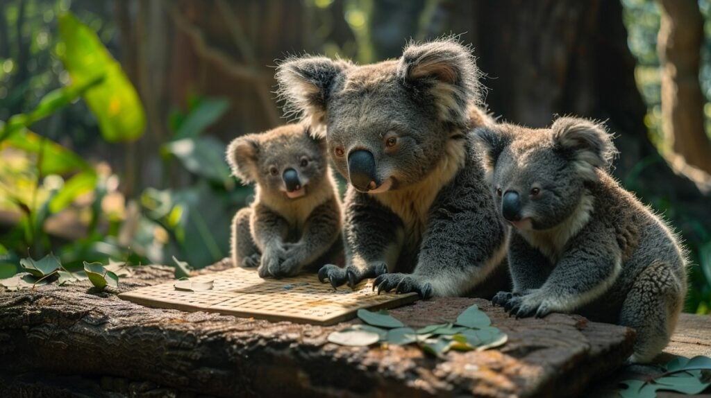 Three koalas sit on a tree trunk in the forest and examine a wooden board with small rectangular cut-outs. They are surrounded by leaves and greenery.