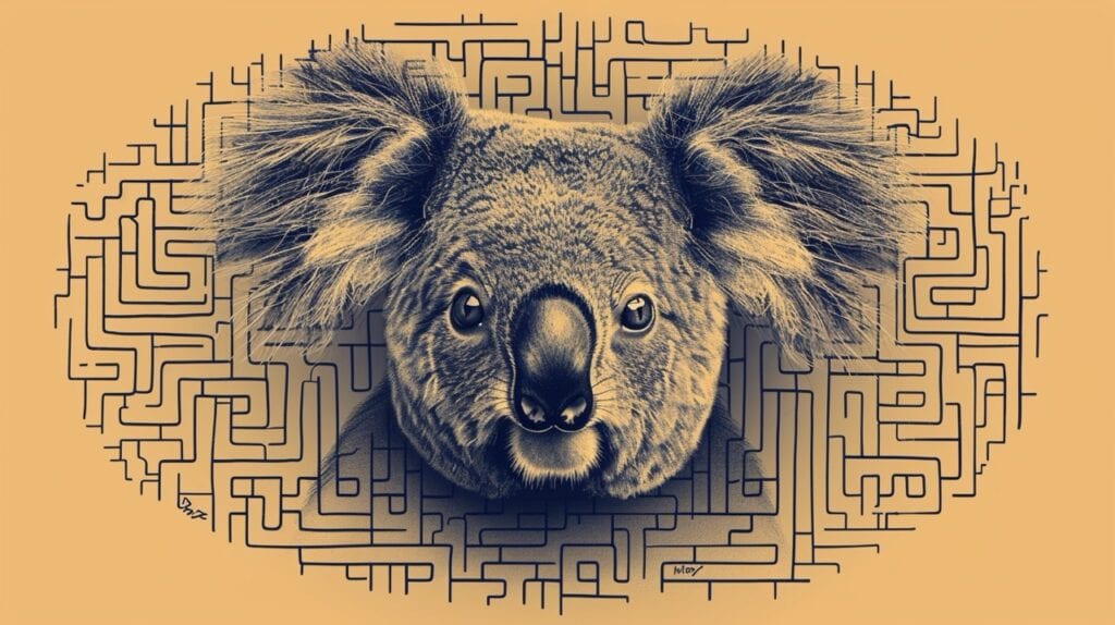 Illustration of a koala face in the middle of an intricate black labyrinth pattern on a yellow background, reminiscent of a playful word puzzle.