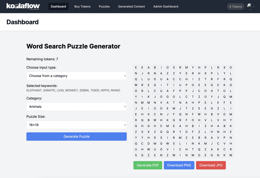 Screenshot of a web-based word search puzzle generator from Koalaflow, showing options to select input type and category, buttons to generate and a finished 16x16 word search puzzle.