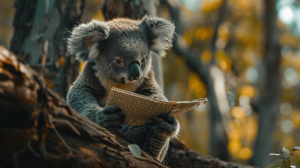 A koala sits on a branch and appears to be reading a Sudoku puzzle in a forest setting.