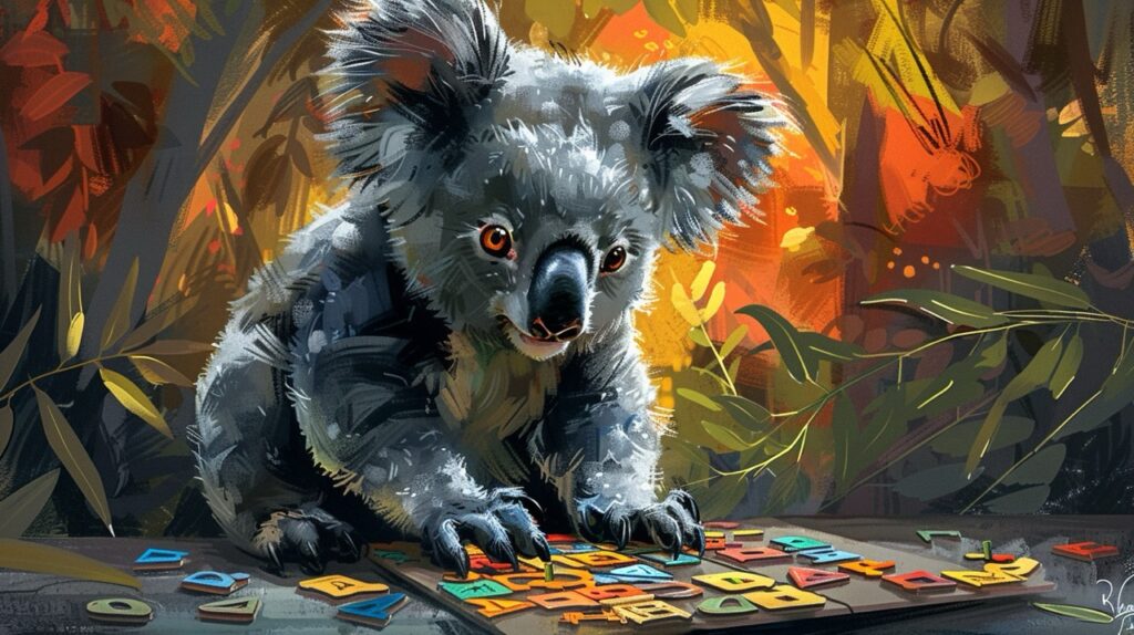 Ein Koala sitzt an einem Tisch, umgeben von bunten Buchstaben vor einer lebendigen Waldkulisse.