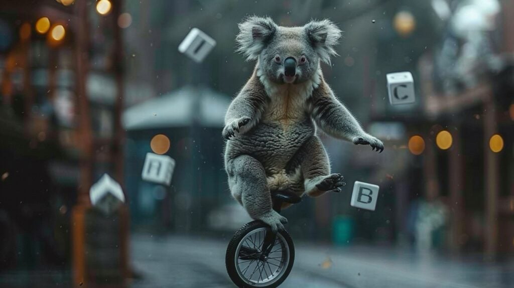 A koala rides a unicycle on a road with floating alphabet blocks hanging around it. Blurred lights and buildings can be seen in the background.