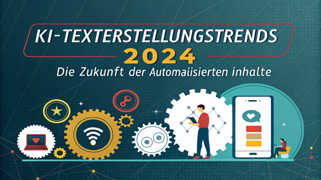 Infografik mit dem Titel „KI-Texterstellungstrends 2024“ mit Zahnrädern, einem Smartphone und digitalen Icons. Person, die Daten analysiert. Text: „Die Zukunft der automatisierten Inhalte.