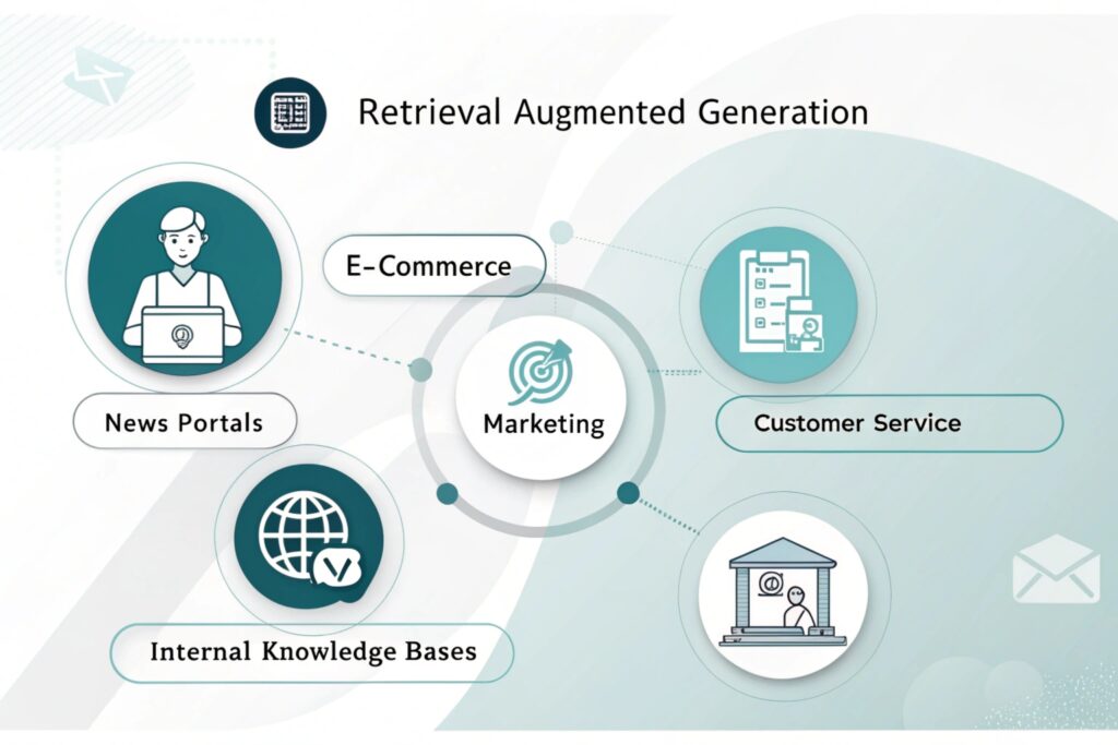 Infografik von „Retrieval Augmented Generation“ mit Schwerpunkt Marketing, umgeben von den Bereichen E-Commerce, Kundenservice, Nachrichtenportale und interne Wissensdatenbanken mit Symbolen für jeden Bereich.