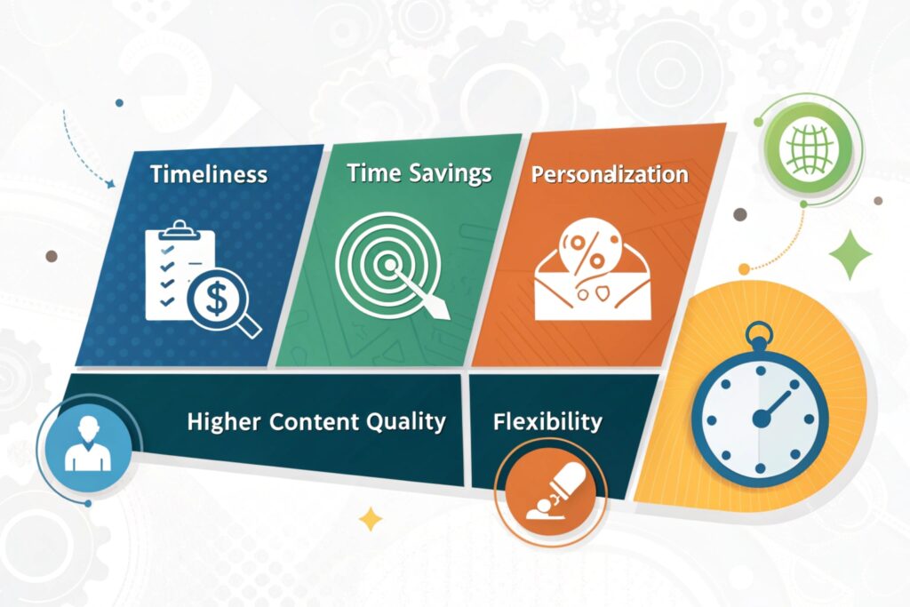Infografik mit sechs Vorteilen: Aktualität, Zeitersparnis, Personalisierung, höhere Inhaltsqualität, Flexibilität, mit Symbolen wie Checkliste, Ziel, Umschlag und Uhr.