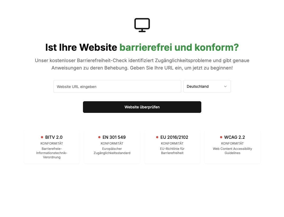 The interface for the accessibility check includes an input field for the URL, a drop-down menu for country selection and a "Check website" button. Guidelines such as BITV 2.0 and WCAG 2.2 are also listed below.