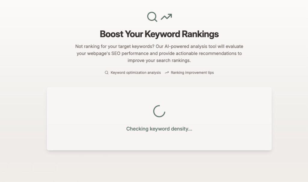 Screenshot of a web page with the ad "Increase your keyword ranking" with a loading symbol and the message "Keyword density is being checked ...".