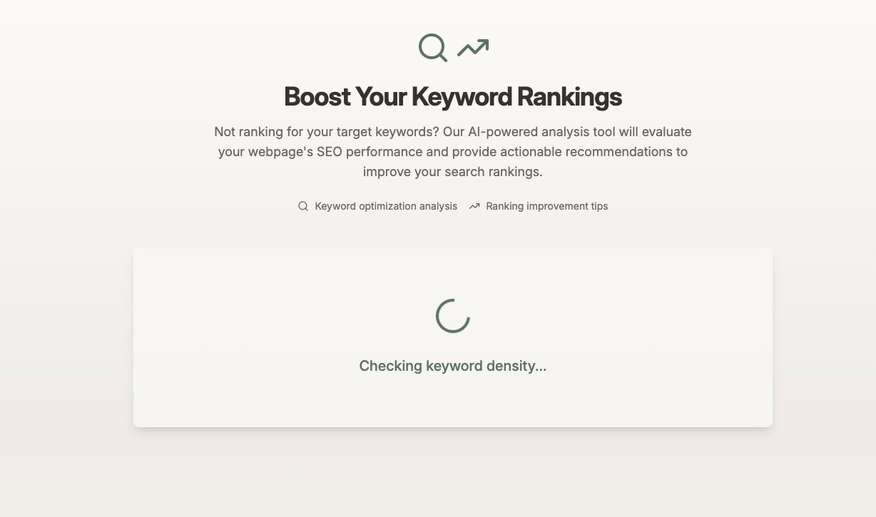 Screenshot of a web page with the ad "Increase your keyword ranking" with a loading symbol and the message "Keyword density is being checked ...".