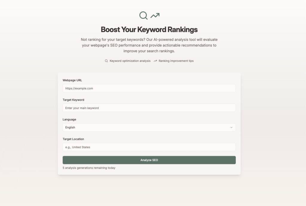 An interface for a keyword ranking analysis tool with fields for the website URL, the target keyword, the language and the target location as well as an "Analyze SEO" button.