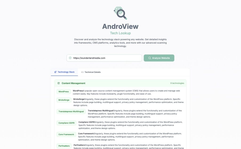 AndroView's technology search page presents content management systems such as WordPress, Brickstreaming and Templates MultilingualPress. Thanks to the search bar and the prominently placed "Analyze website" button, discovering web solutions has never been easier.