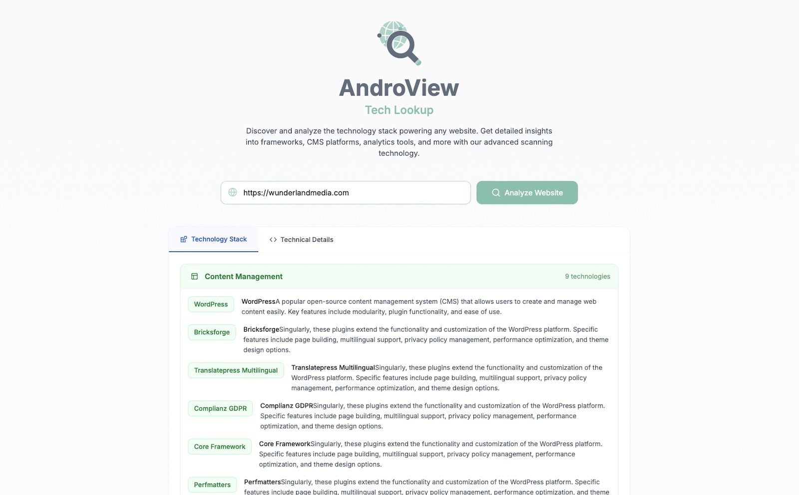 AndroView's technology search page presents content management systems such as WordPress, Brickstreaming and Templates MultilingualPress. Thanks to the search bar and the prominently placed "Analyze website" button, discovering web solutions has never been easier.