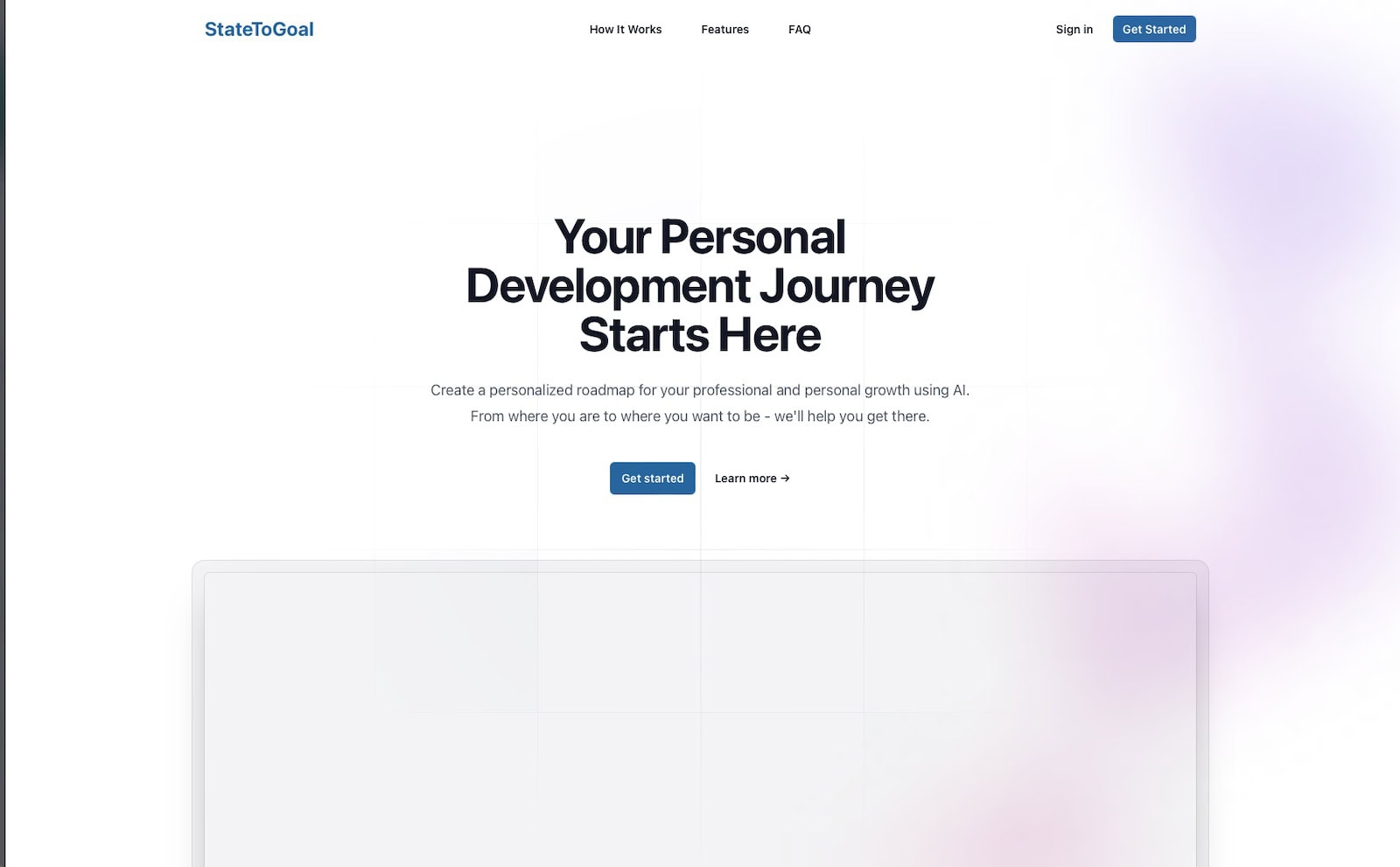 Homepage of the website with the text: "Your personal development journey from state to destination starts here" and buttons labeled "First Steps" and "More Information". Options to Log In and Get Started are visible.