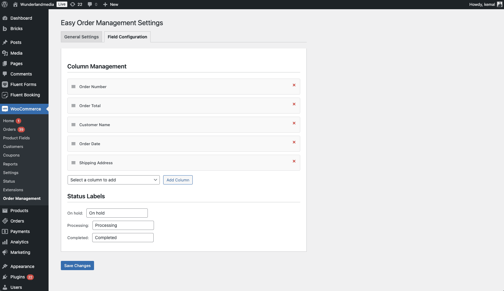 Admin Field Configuration