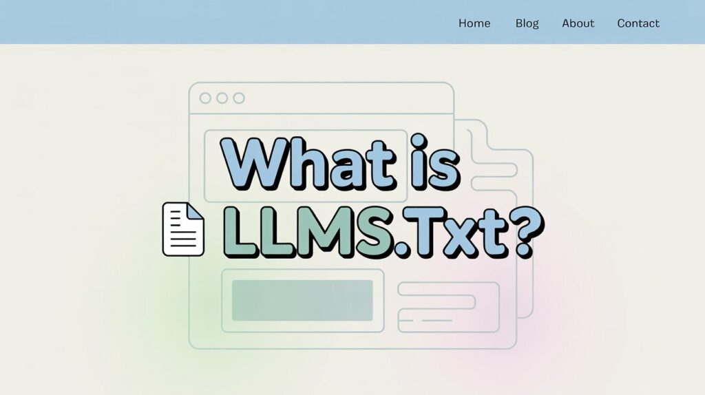 The header of the web page says "What is LLMS.Txt?" in large letters, emphasizing the question "What is llms txt", with a document icon and navigation links for Home, Blog, About and Contact at the top.
