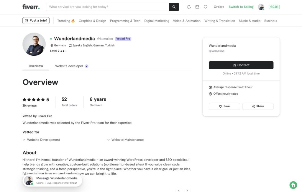Fiverr-Profilseite für Wunderlandermedia, ein Webentwickler mit 52 Aufträgen, 5-Sterne-Bewertung, 6 Jahren Erfahrung und Dienstleistungen auf Deutsch, Englisch und Türkisch.